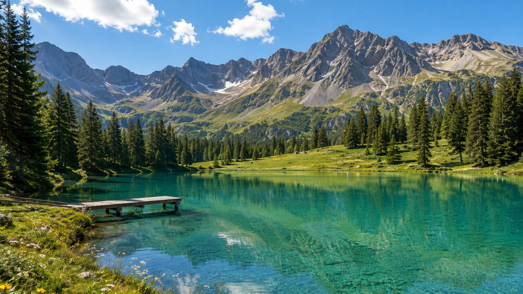  Illustration d'un lac alpin turquoise entouré de sapins et de sommets rocheux, avec un ponton en bois, en été 