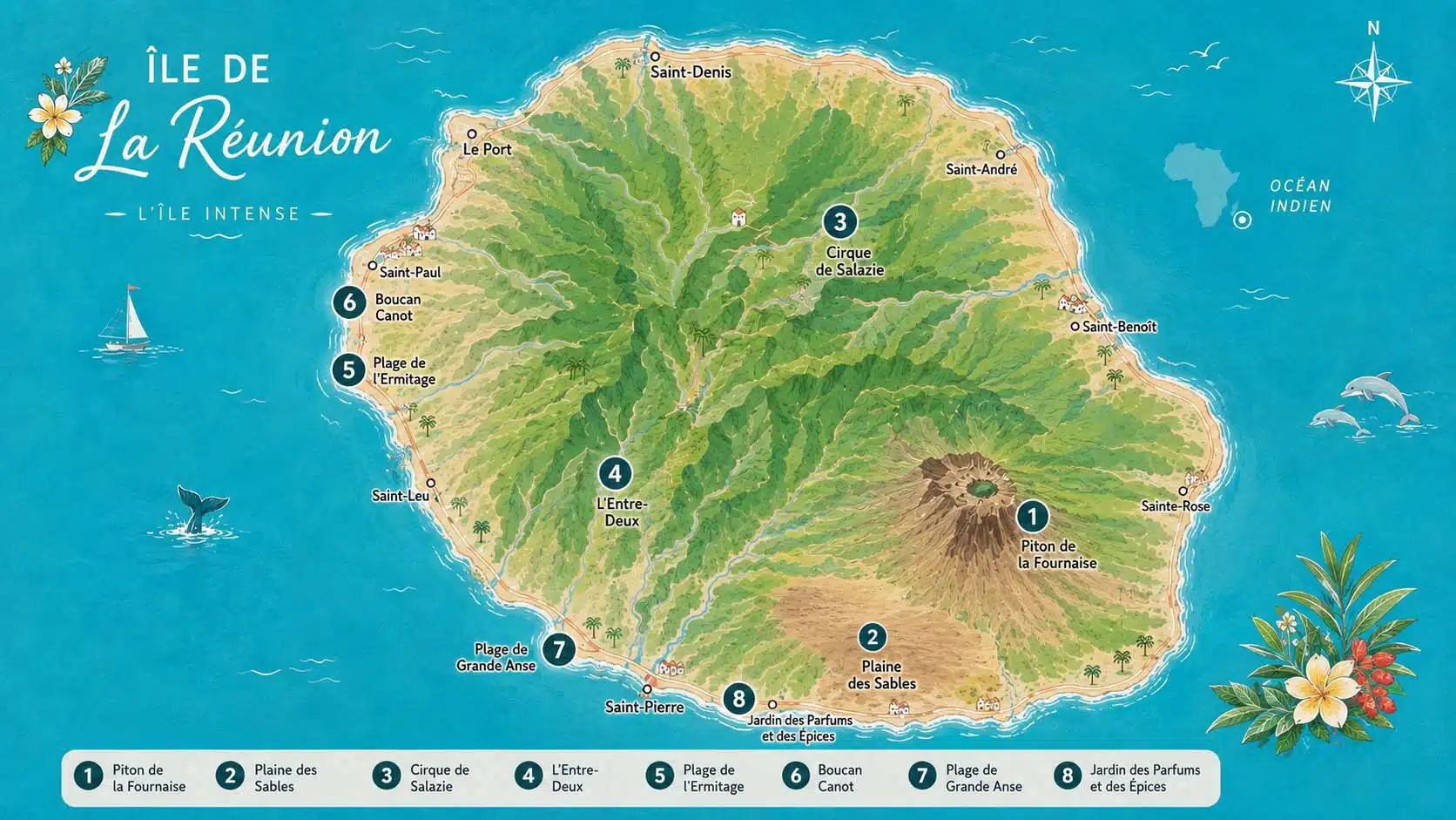 Carte de l'île de la Réunion localisant le Piton de la Fournaise, le cirque de Salazie, l'Ermitage, Boucan Canot, Grande Anse et le Jardin des Parfums