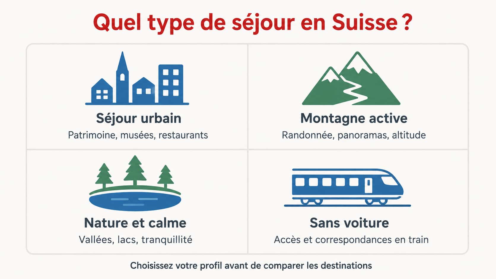 Grille de quatre profils de séjour en Suisse : séjour urbain, montagne active, nature et calme, itinéraire sans voiture