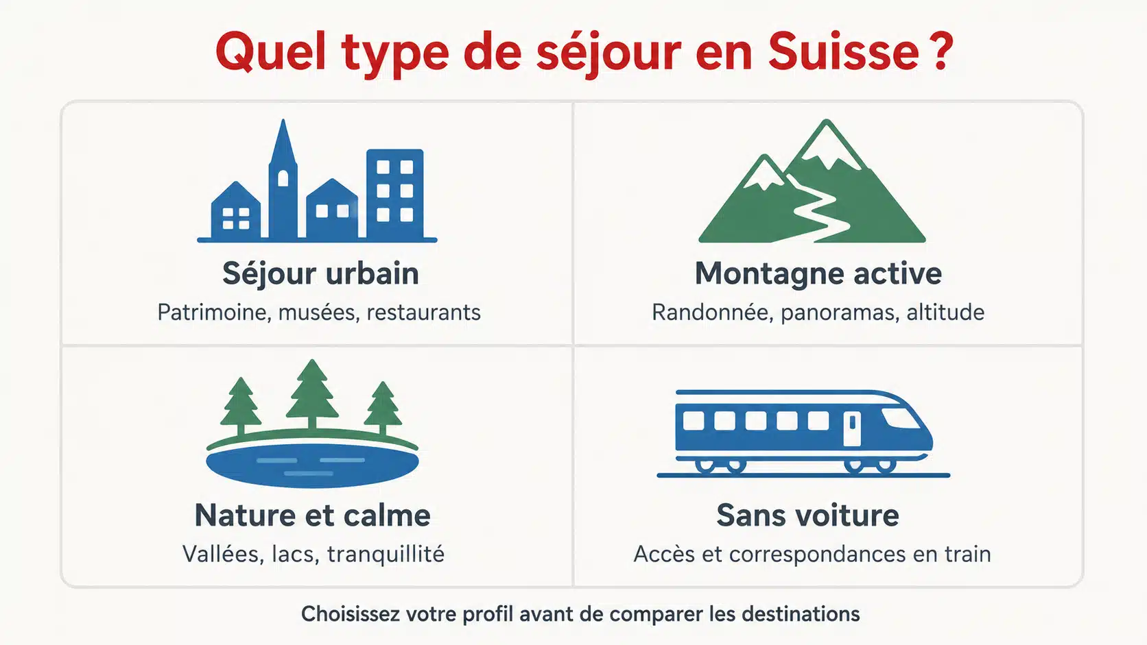 Grille de quatre profils de séjour en Suisse : séjour urbain, montagne active, nature et calme, itinéraire sans voiture