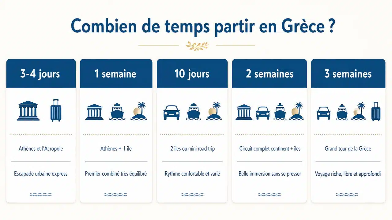 Tableau comparatif des durées de voyage en Grèce, de 4 jours à 3 semaines, avec itinéraires conseillés depuis la Suisse
