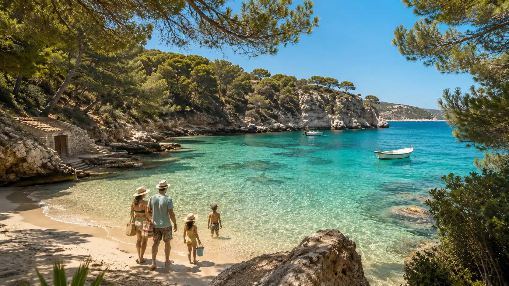 Illustration d'une famille dans une crique de la côte de Majorque, eau turquoise et pins jusqu'au rivage