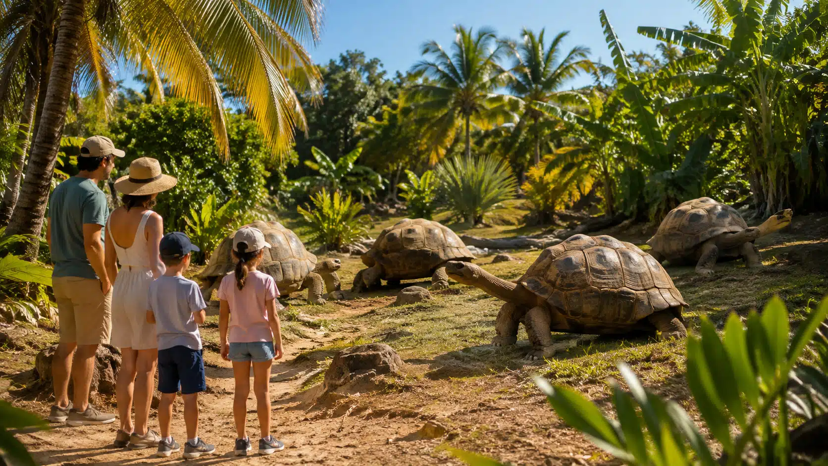 Illustration d'une famille observant des tortues géantes d'Aldabra en semi-liberté dans un parc animalier tropical de l'île Maurice.