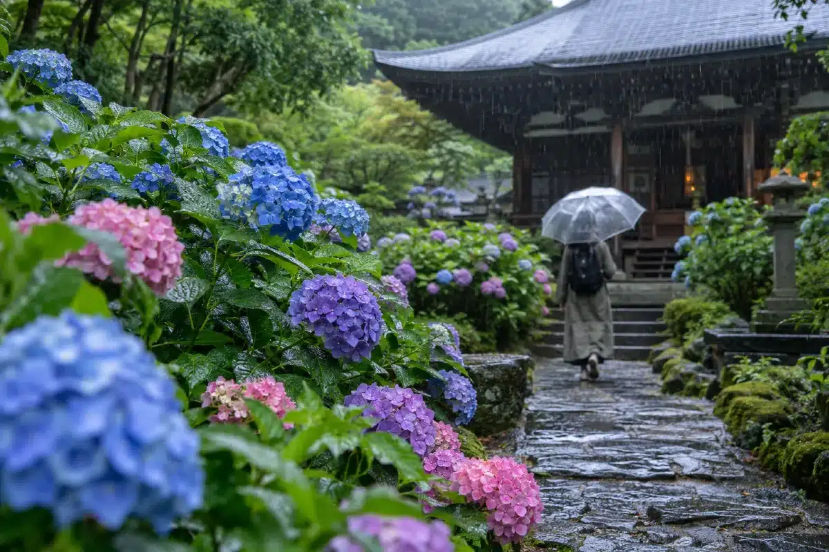 Hortensias bleus et violets sous une pluie fine dans le jardin d’un temple de Kyoto en juin, il faut bien choisir quand partir au Japon