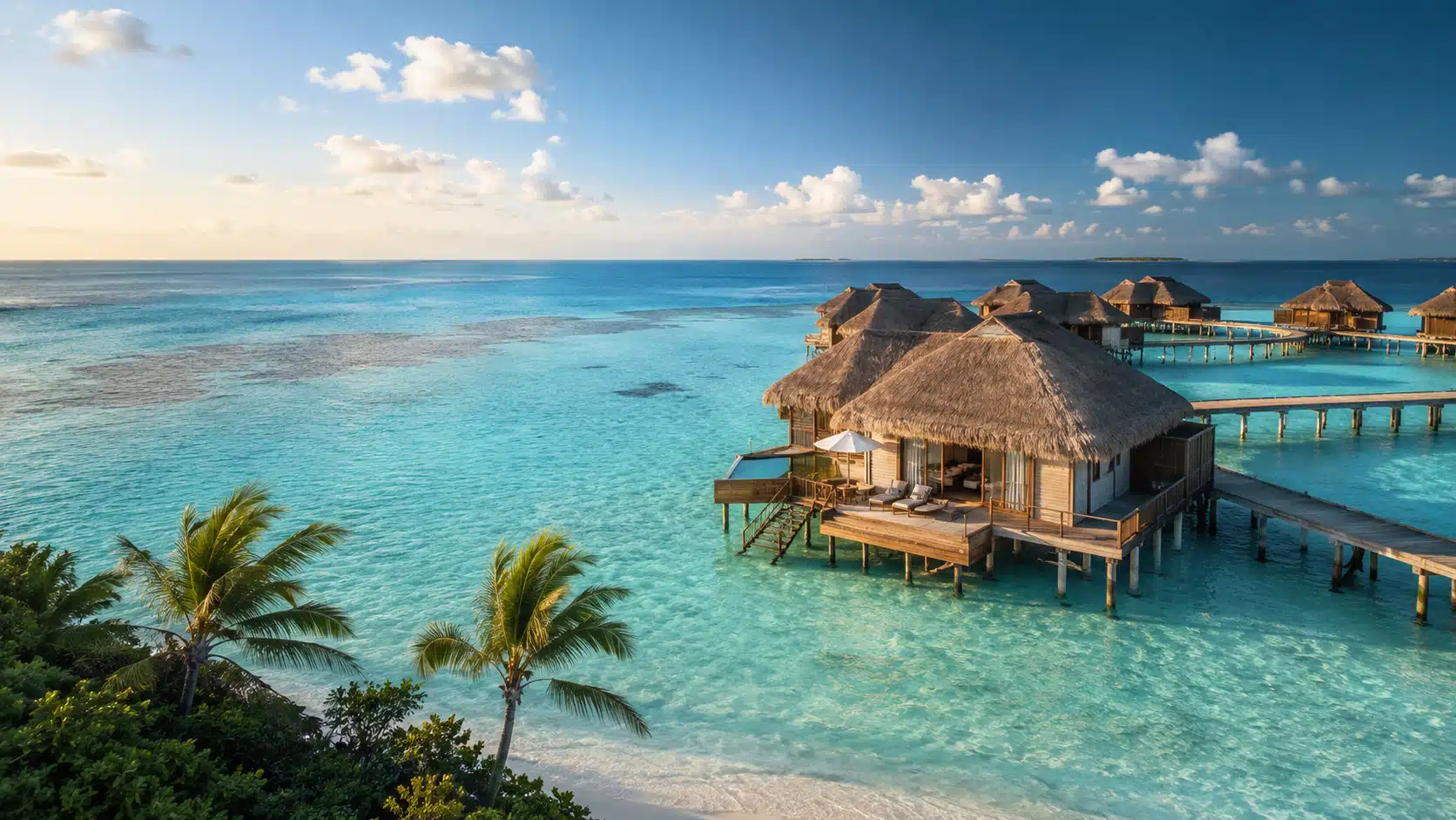 Illustration d'un lagon turquoise des Maldives bordé de villas sur pilotis sous un ciel dégagé de saison sèche