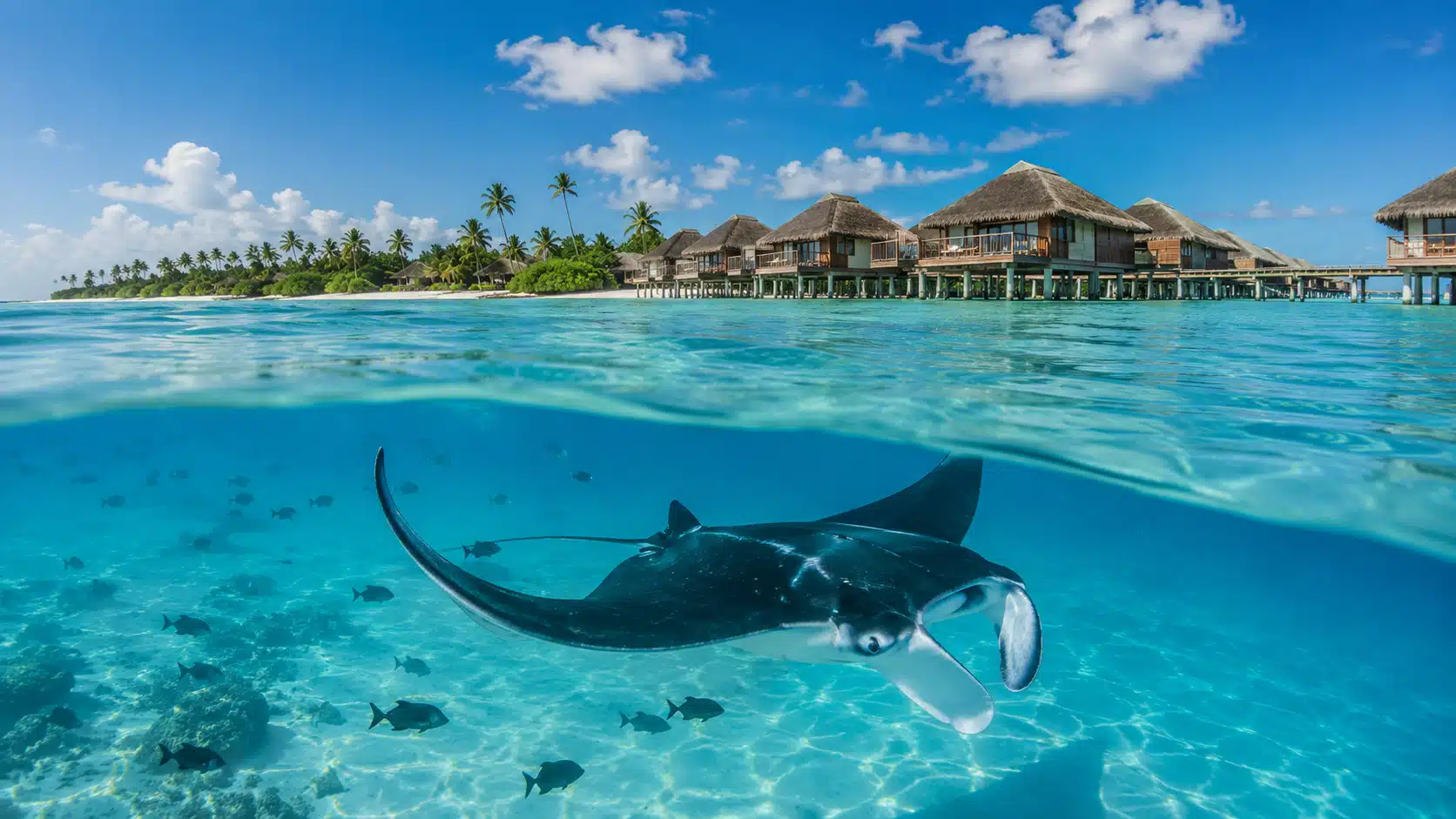 Illustration d'une observation en snorkeling d'une raie manta au-dessus d'un récif corallien aux Maldives