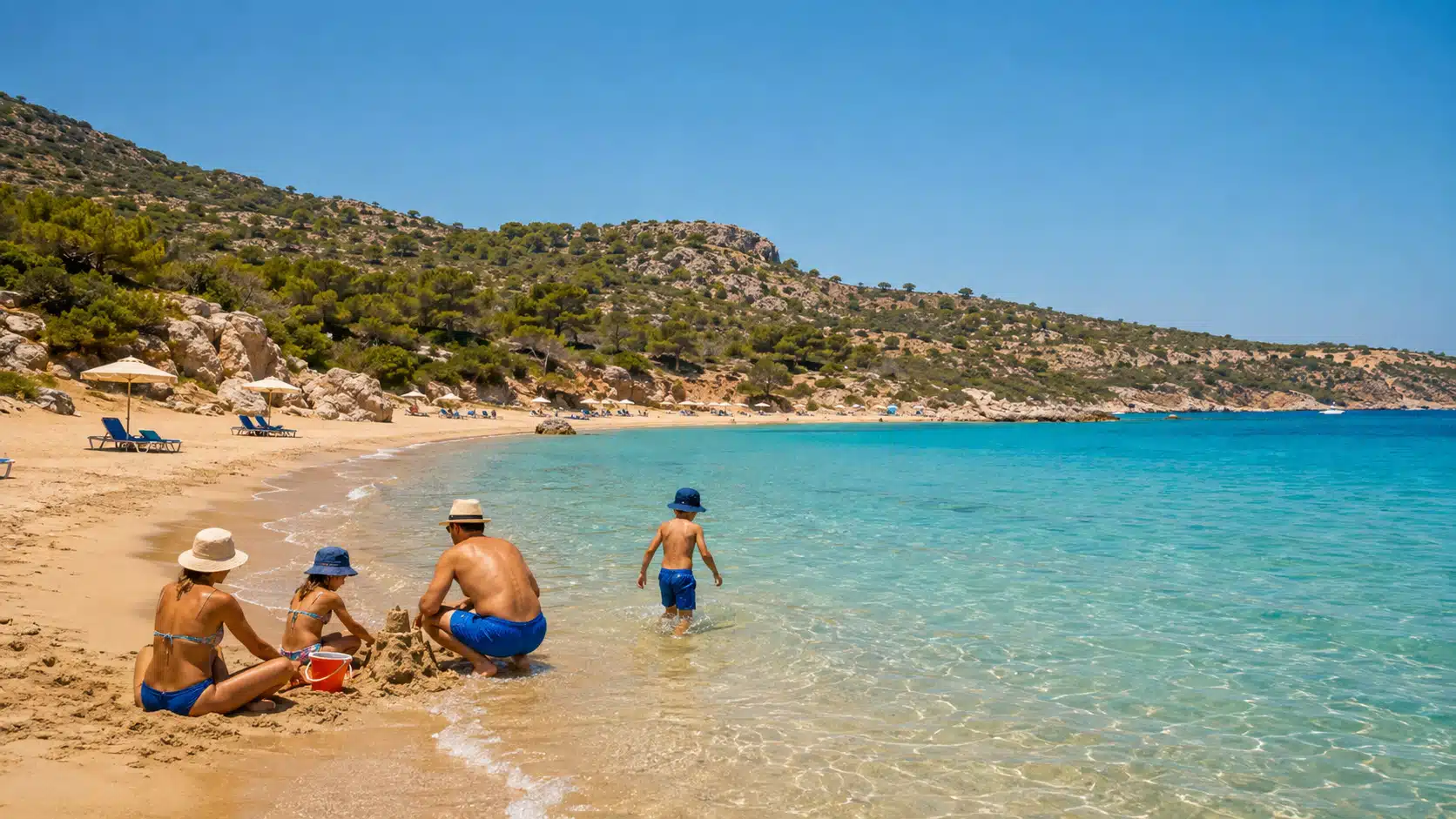 Illustration d'une famille profitant d'une plage de sable de la côte est de Rhodes en été, avec collines couvertes de pins en arrière-plan