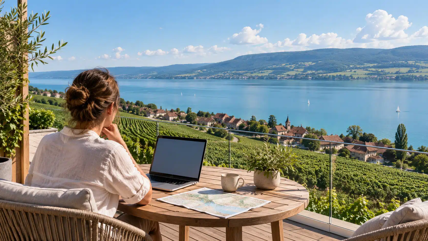 Illustration d'une personne consultant une carte et un ordinateur portable sur une terrasse au bord du lac de Neuchâtel en été, coteaux viticoles en arrière-plan