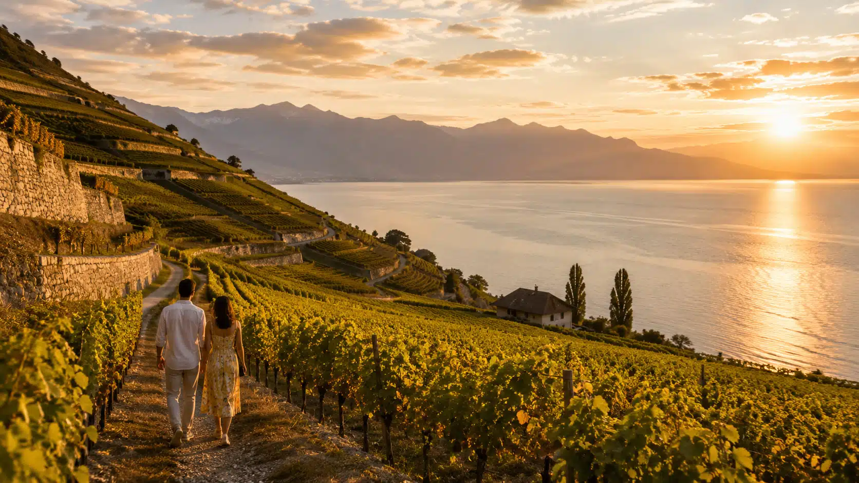 Illustration d'un couple se promenant entre des rangs de vigne en terrasses surplombant un grand lac, en fin de journée d'été