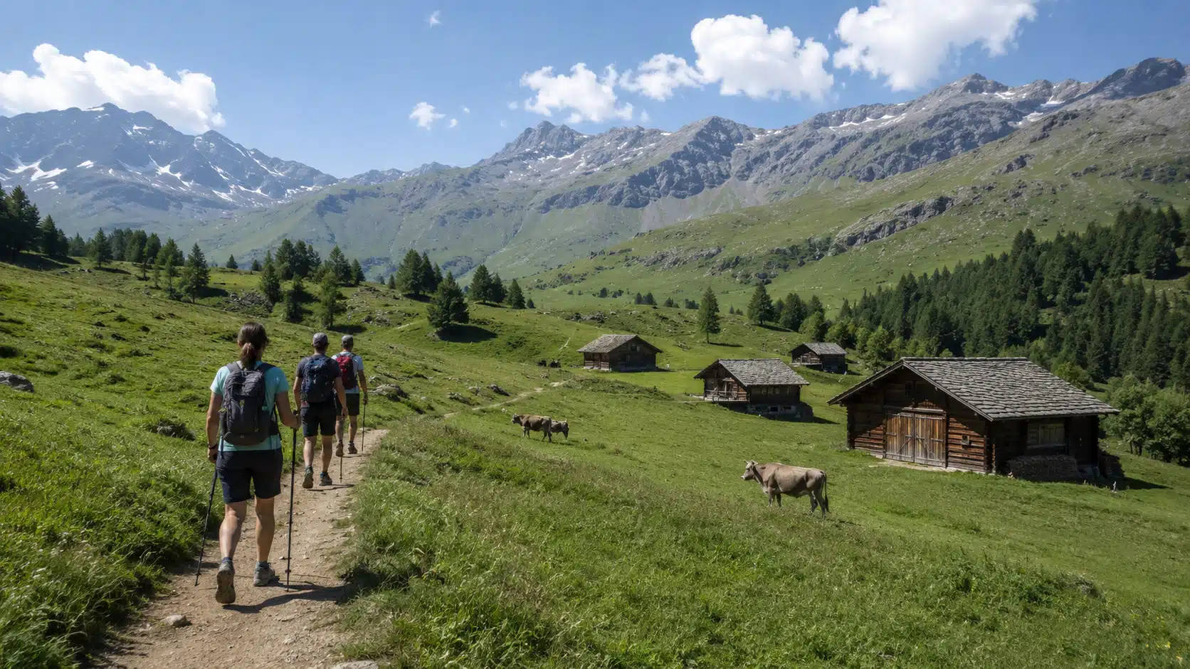 Illustration de randonneurs sur un sentier d'alpage en été, entouré de pâturages verts, de chalets en bois et de sommets partiellement enneigés