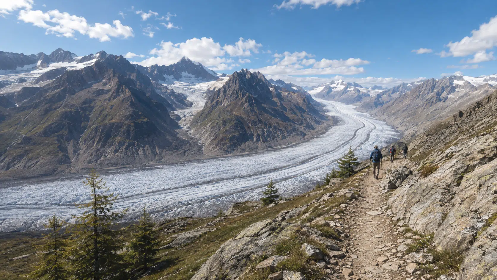 Illustration d'un sentier de randonnée alpin surplombant un grand glacier blanc et bleu entouré de mélèzes, en été