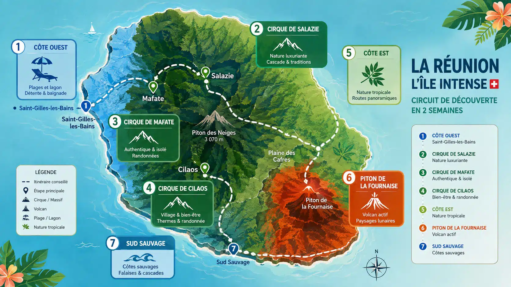 Carte de l'Île de La Réunion illustrant un itinéraire de dix à quatorze jours entre côte ouest, cirques de Cilaos et Salazie, Piton de la Fournaise et Sud Sauvage