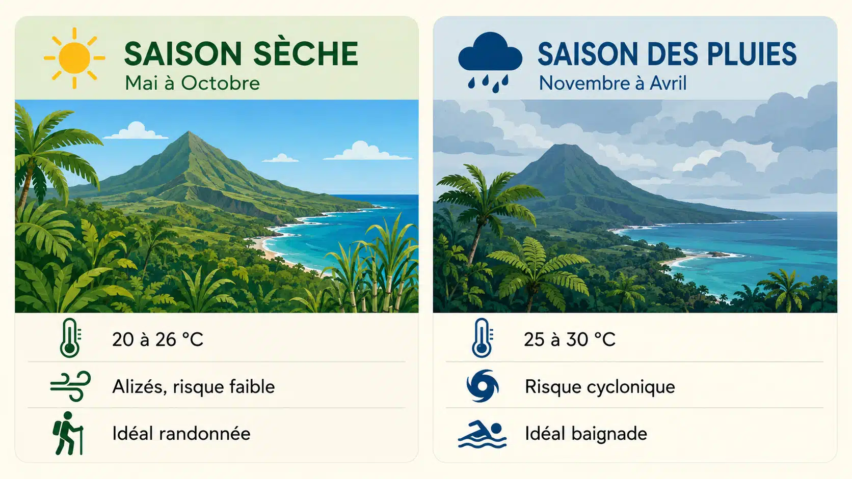 Tableau comparatif des saisons à l'Île de La Réunion, saison sèche de mai à octobre et saison des pluies de novembre à avril, avec températures et risque cyclonique