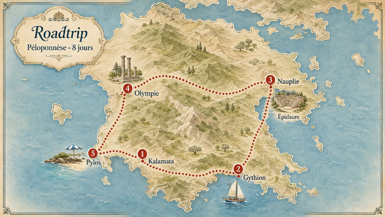 Carte d'un itinéraire de roadtrip de 8 jours dans le Péloponnèse, de Kalamata à Pylos par Gythion, Nauplie et Olympie