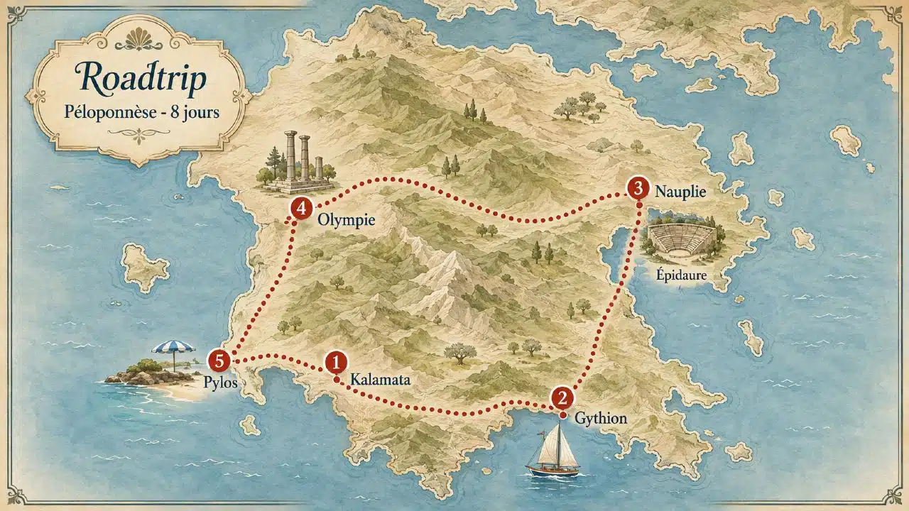 Carte d'un itinéraire de roadtrip de 8 jours dans le Péloponnèse, de Kalamata à Pylos par Gythion, Nauplie et Olympie