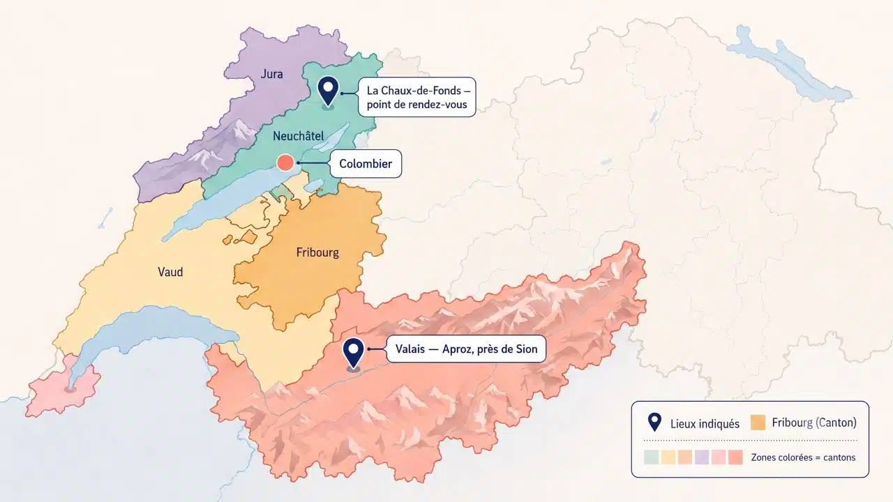 Carte de la Suisse romande localisant les implantations Rubis Voyages à Colombier, en Valais (Aproz, près de Sion) et à La Chaux-de-Fonds