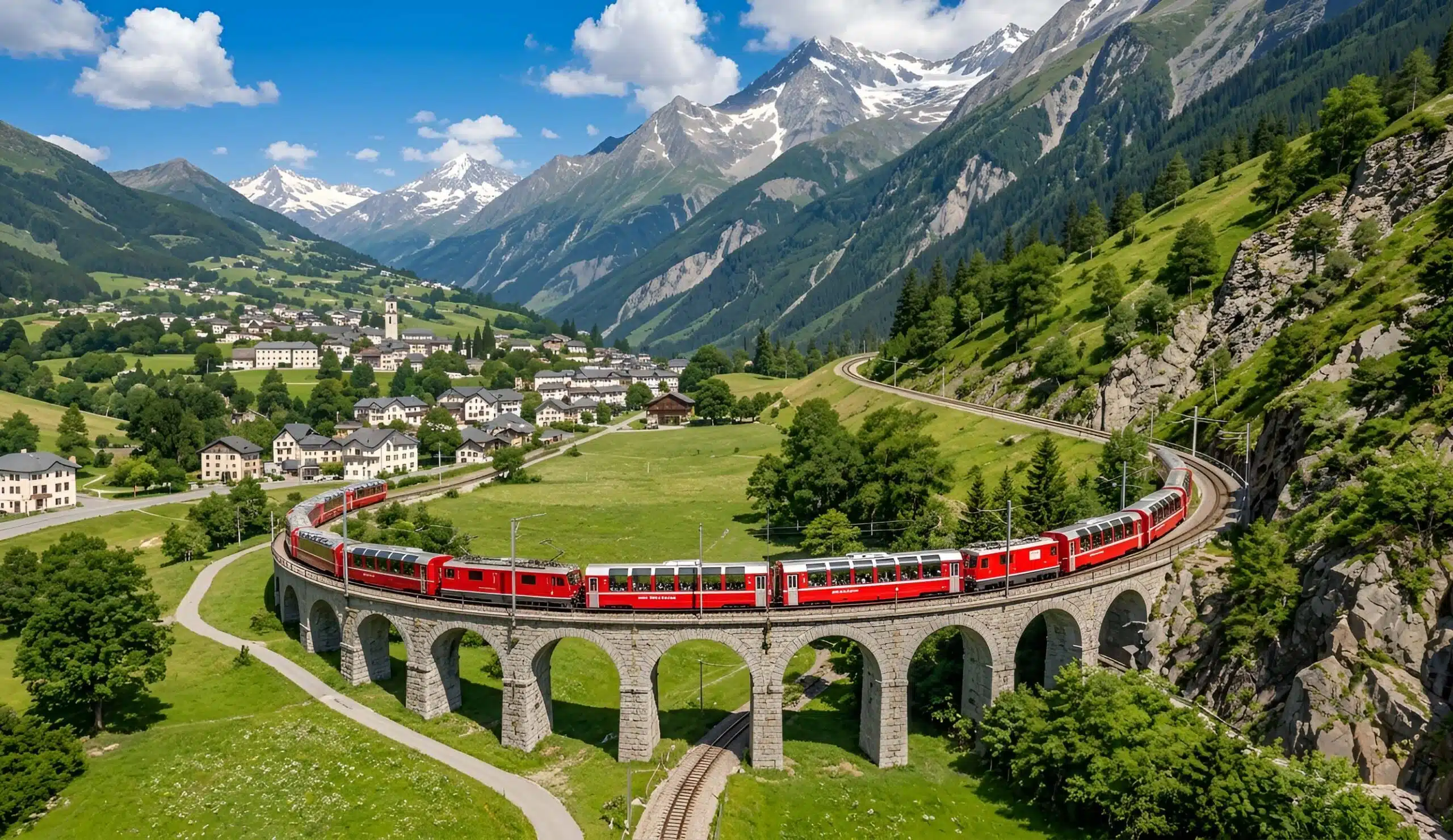 Illustration d'un train panoramique rouge traversant un viaduc en pierre dans un paysage alpin suisse en été