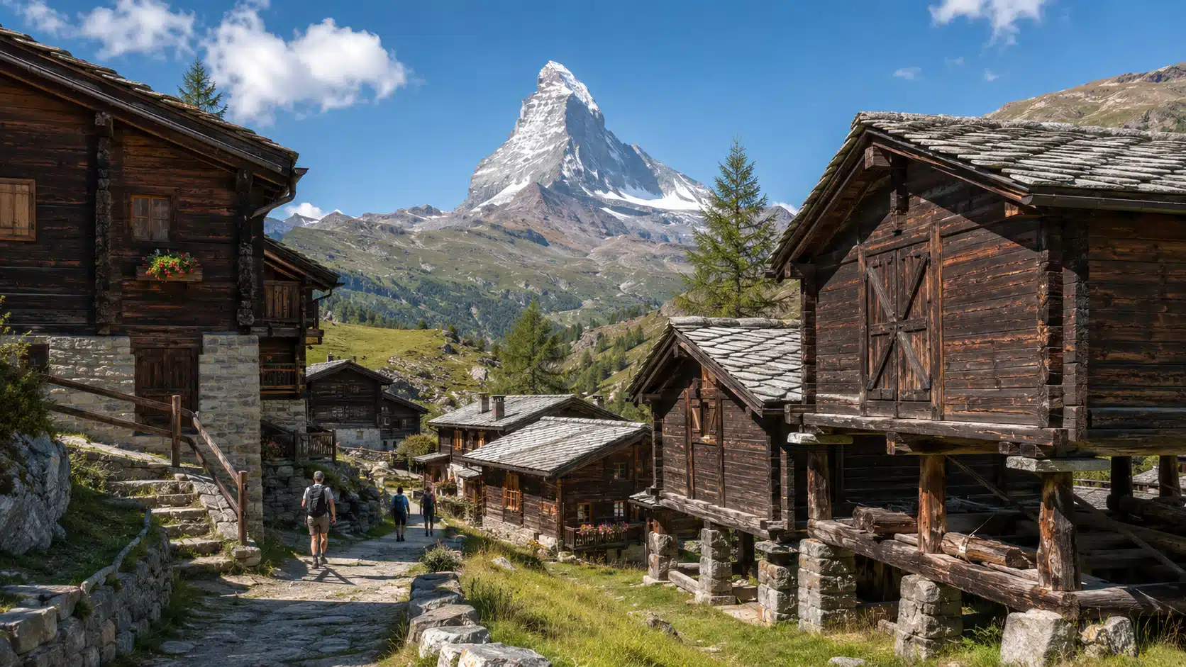 Illustration d'un village alpin sans voiture aux chalets de bois traditionnels, avec un sommet pyramidal enneigé en arrière-plan, en été