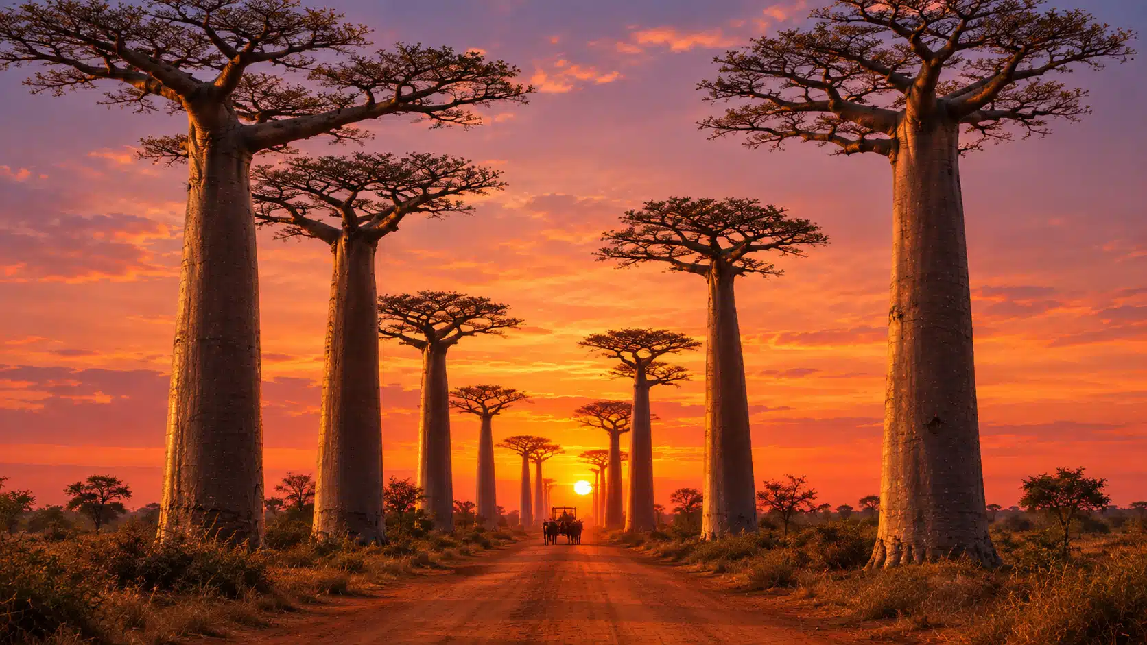 Illustration de l'Allée des Baobabs près de Morondava à Madagascar, silhouettes d'arbres centenaires se découpant sur un ciel de coucher de soleil.