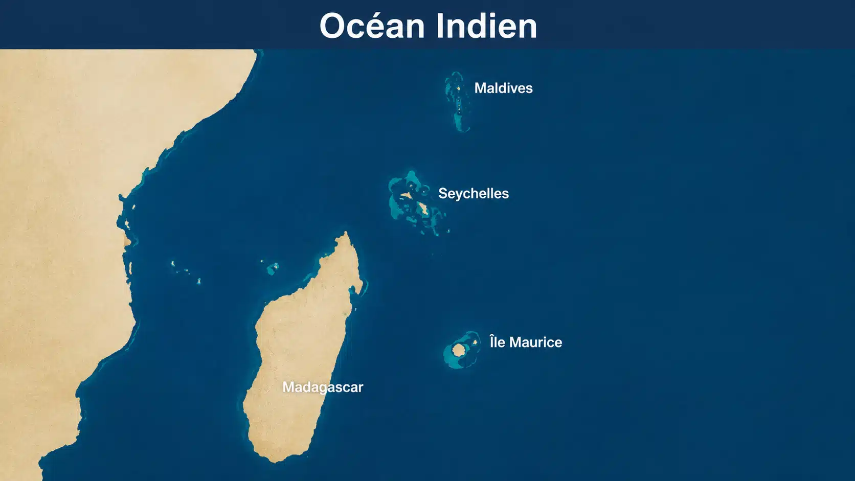 Carte simplifiée illustrant la position des Maldives, des Seychelles, de l'île Maurice et de Madagascar dans l'océan Indien.