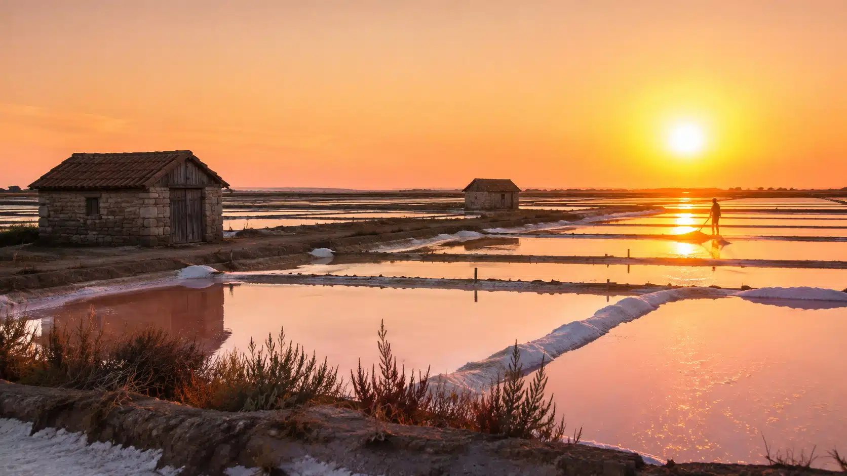 Illustration des salines traditionnelles de Sečovlje en Slovénie, bassins d'évaporation et cabanes de saliniers au coucher du soleil.