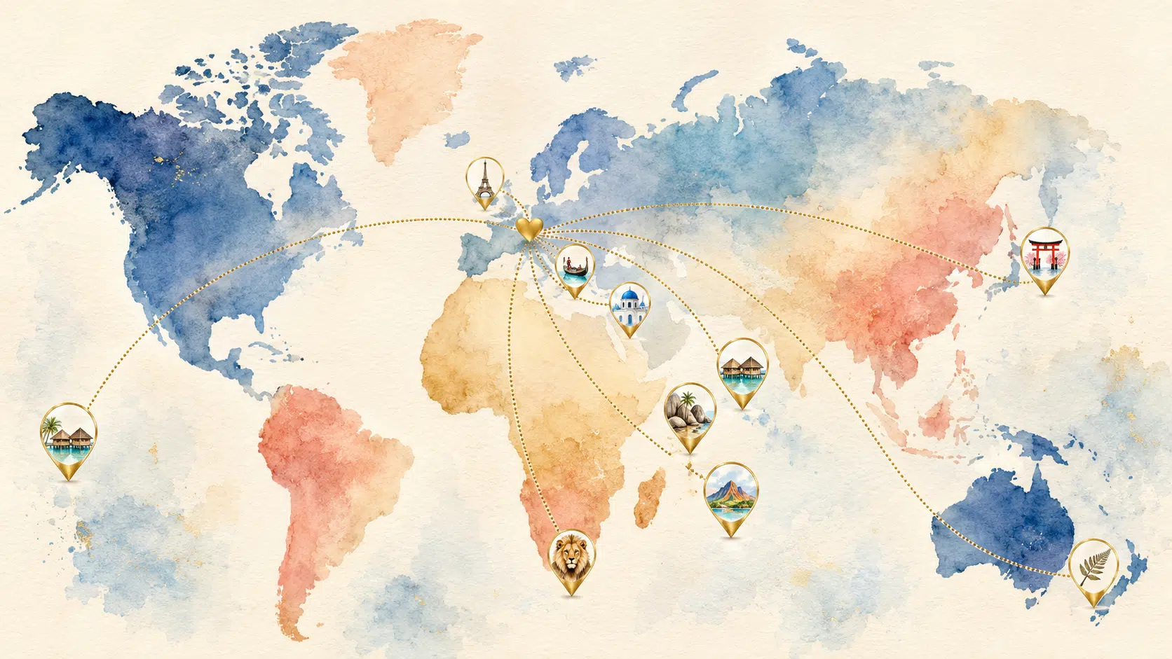 Carte du monde illustrant les 10 destinations de lune de miel au départ de la Suisse avec temps de vol depuis Genève et Zurich
