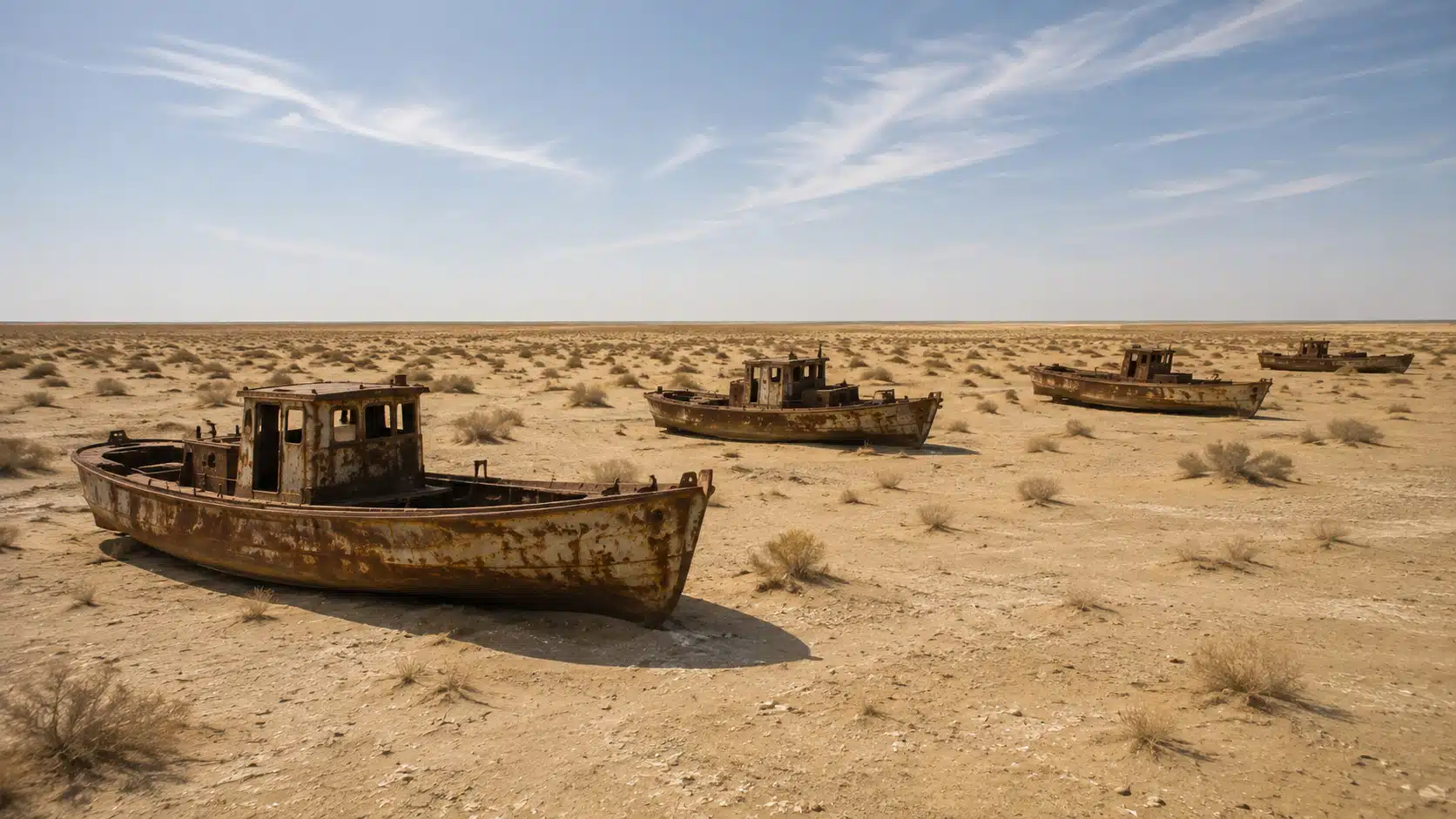 Illustration de coques de bateaux de pêche rouillées échouées sur l'ancien lit marin asséché, près de Moynaq, là où s'étendait autrefois la mer d'Aral.