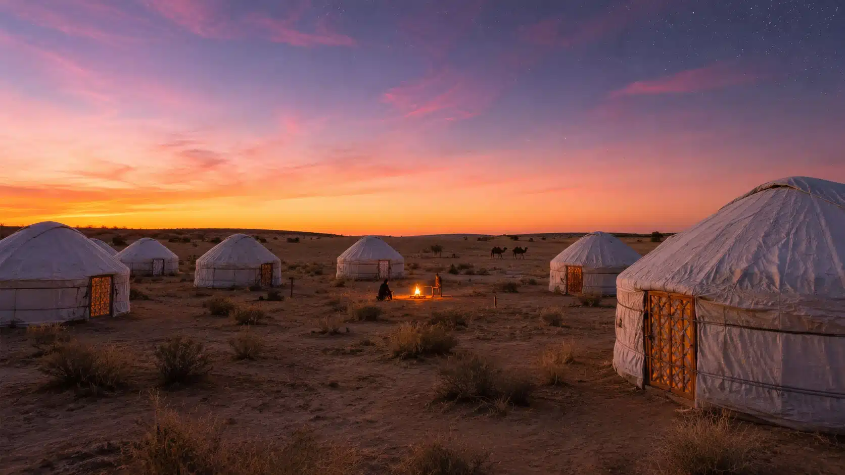 Illustration d'un campement de yourtes dans le désert de Kyzyl Kum, en Ouzbékistan, au coucher du soleil.