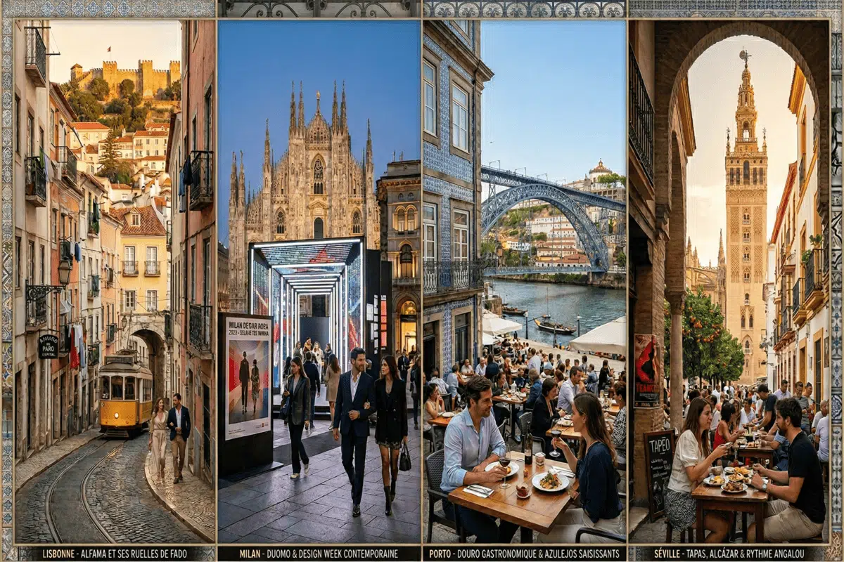 Séville, Espagne Porto, Portugal Milan, Italie Lisbonne, Portugal Partir en week end depuis la Suisse vers Séville en Espagne Porto ou Lisbonne au Portugal Milan, en Italie.