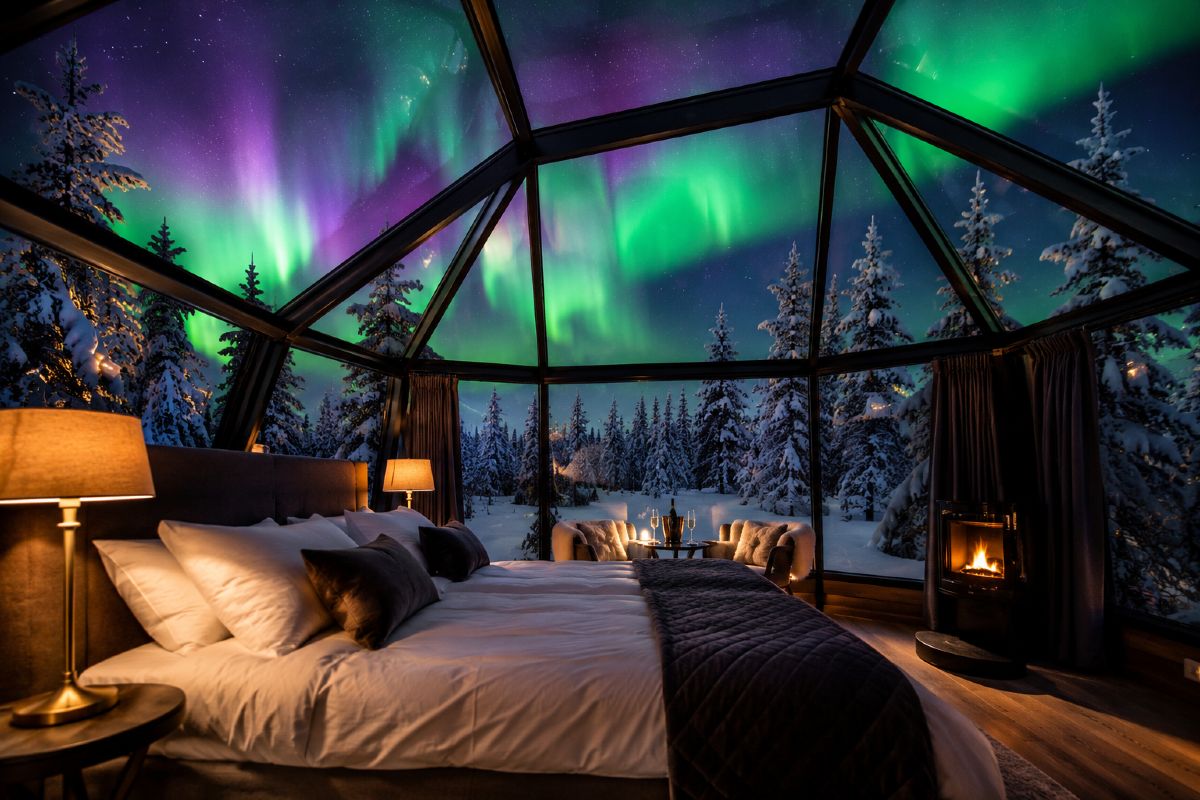 Aurora cabin toit vitré sous les étoiles en Laponie