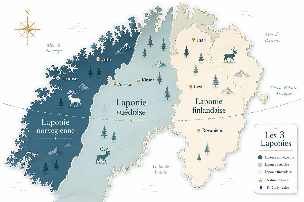 Carte des 3 Laponies (Finlande, Suède, Norvège) où partir en voyage