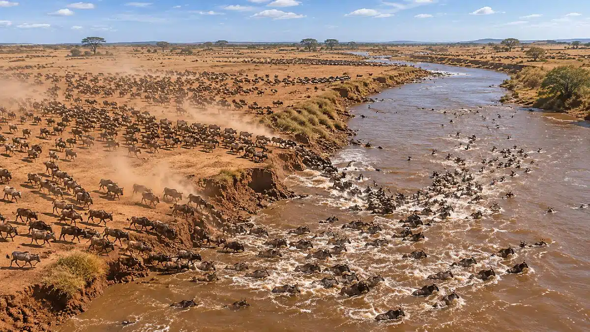 Safari en Afrique - Grande Migration gnous et zèbres traversée rivière Mara Tanzanie Kenya