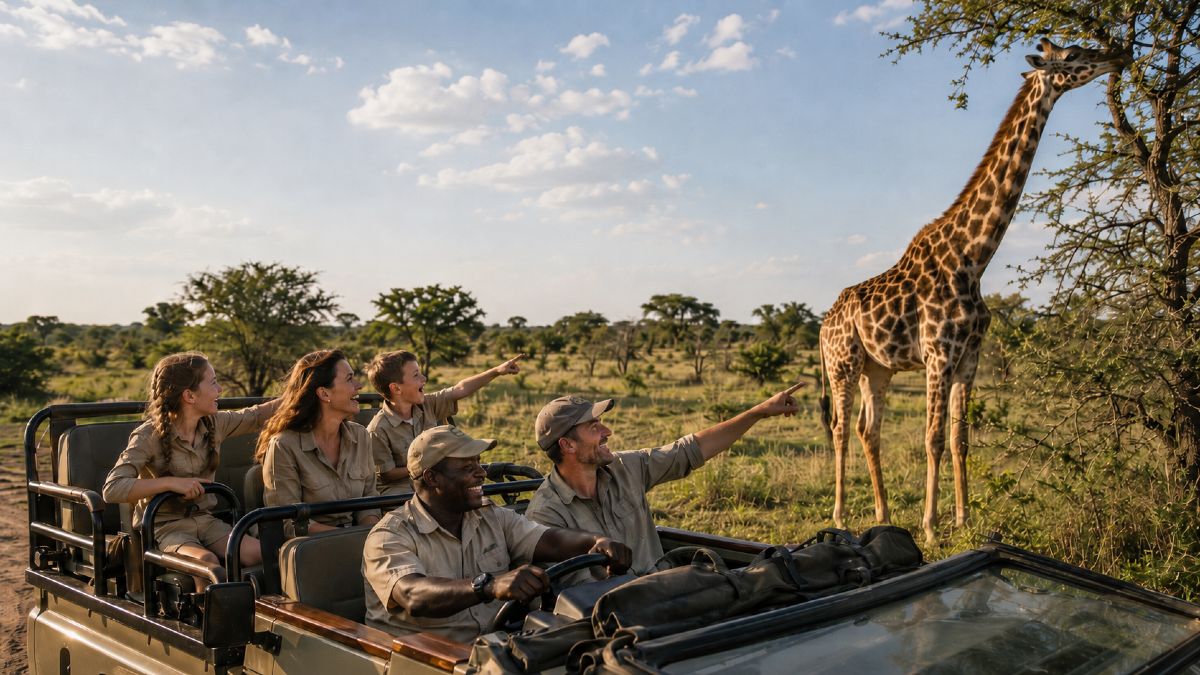 Safari en Afrique en famille avec enfants - jeep Kruger National Park girafes Afrique du Sud