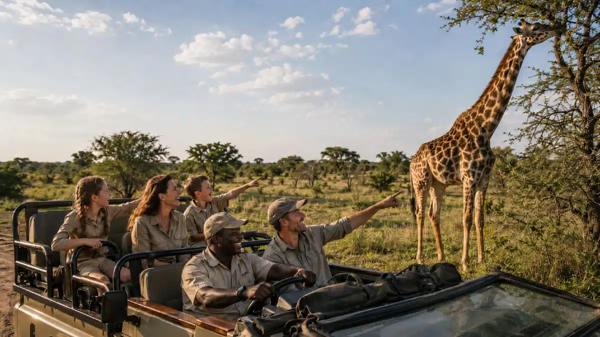 Safari en Afrique en famille avec enfants - jeep Kruger National Park girafes Afrique du Sud