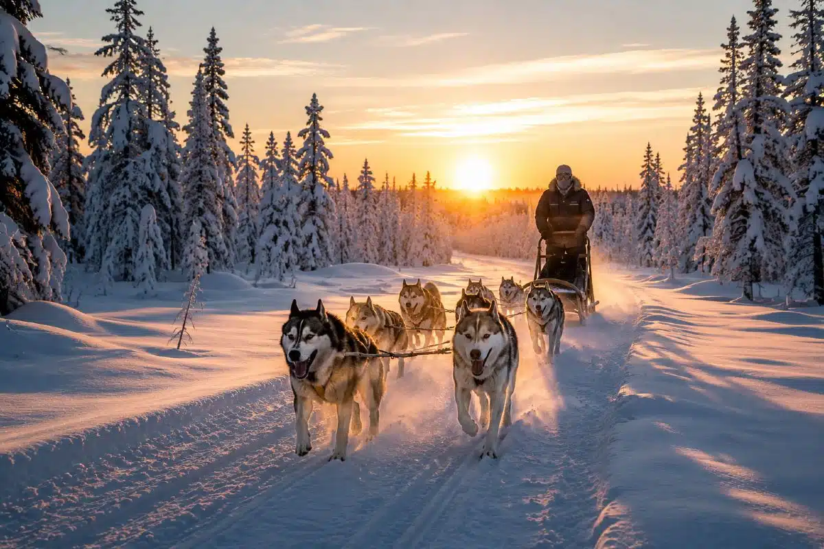 Safari en chiens de traineau dans la taiga lors d'un voyage en Laponie depuis la Suisse