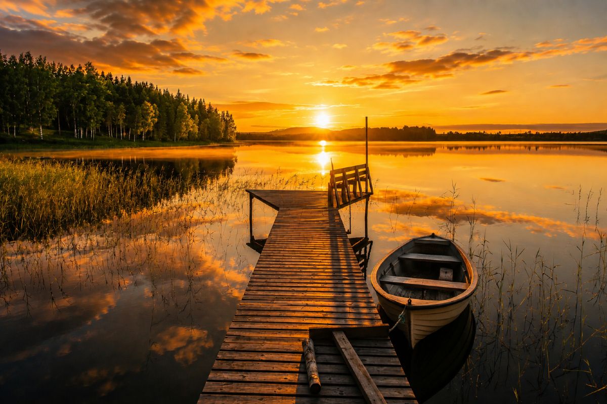 Soleil de minuit sur lac arctique en été spectacle unique à admirer lors d'un voyage en Laponie