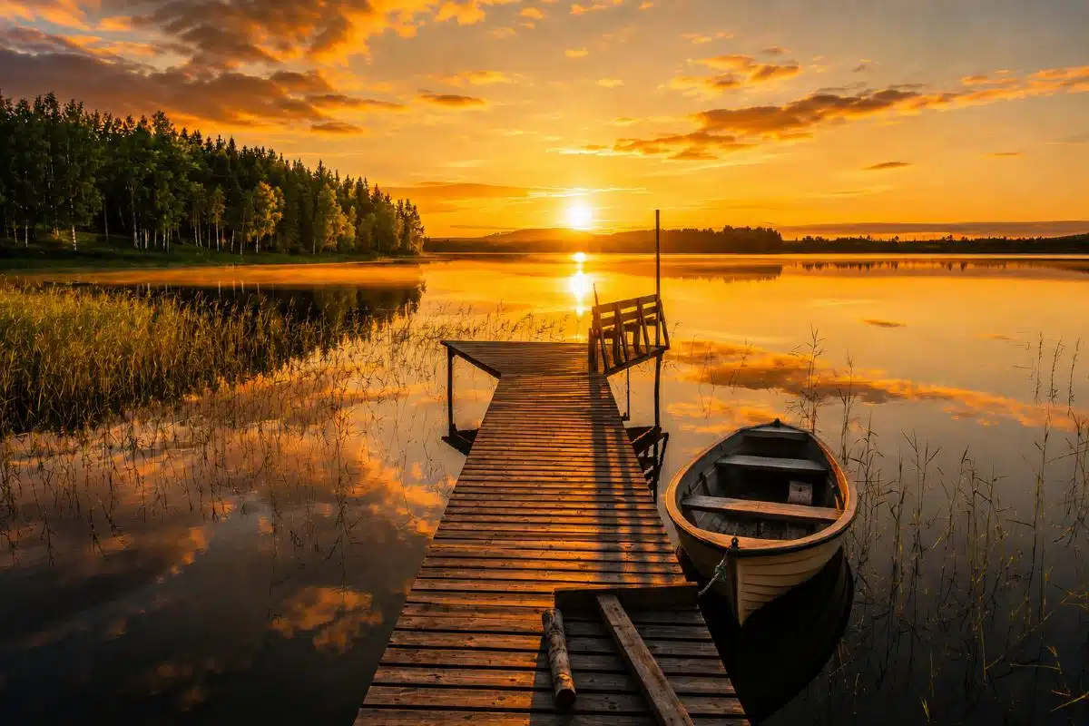 Soleil de minuit sur lac arctique en été spectacle unique à admirer lors d'un voyage en Laponie