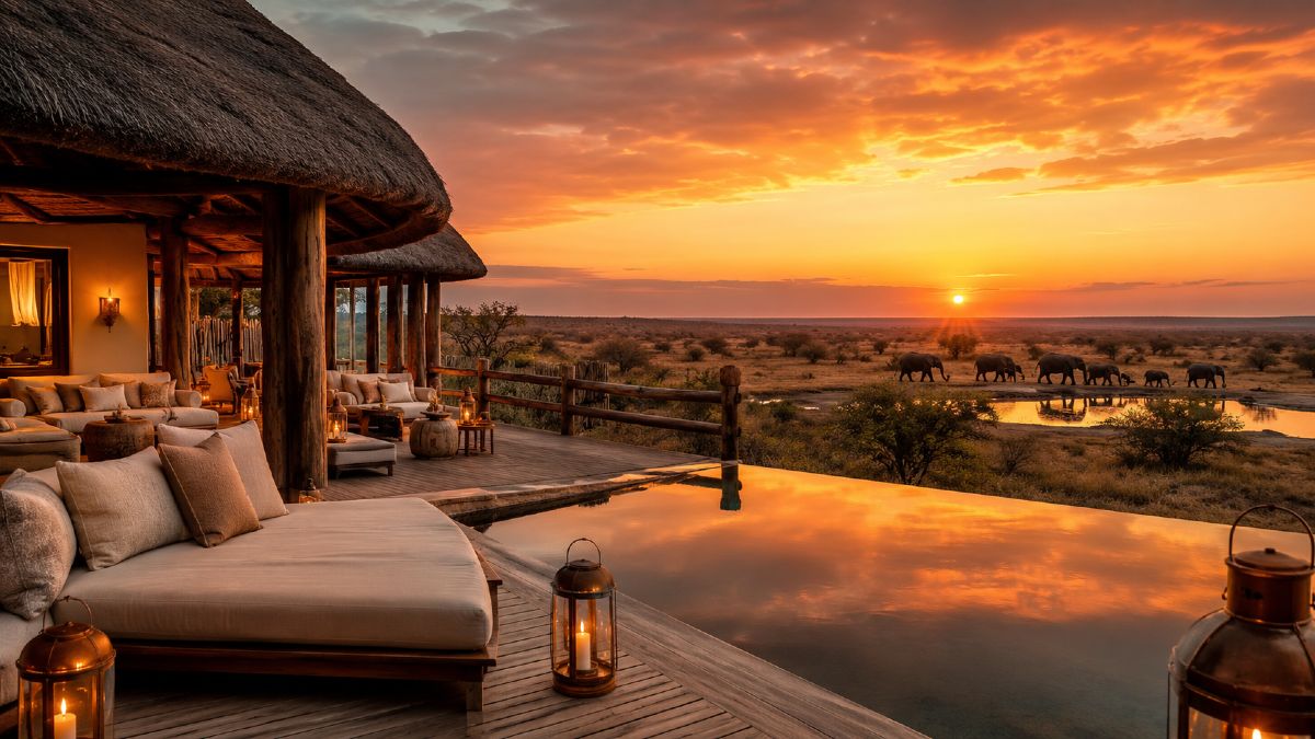 Safari en Afrique de luxe - lodge premium avec piscine privée vue sur la savane au coucher du soleil