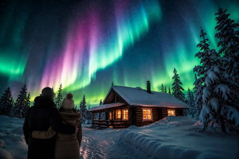Aurores boréales sur lodge arctique voyager Laponie en couple