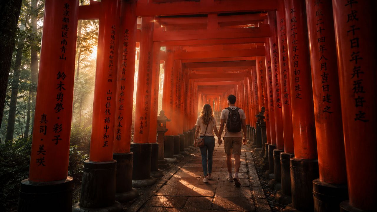 Japon temple Fushimi Inari Kyoto : allée de torii vermillon dans la brume au lever du soleil, expérience à faire au Japon