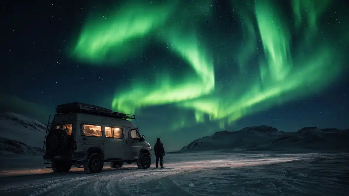 Minibus de safari aurores boréales garé dans un champ enneigé en Laponie norvégienne la nuit, avec une aurore verte visible dans le ciel