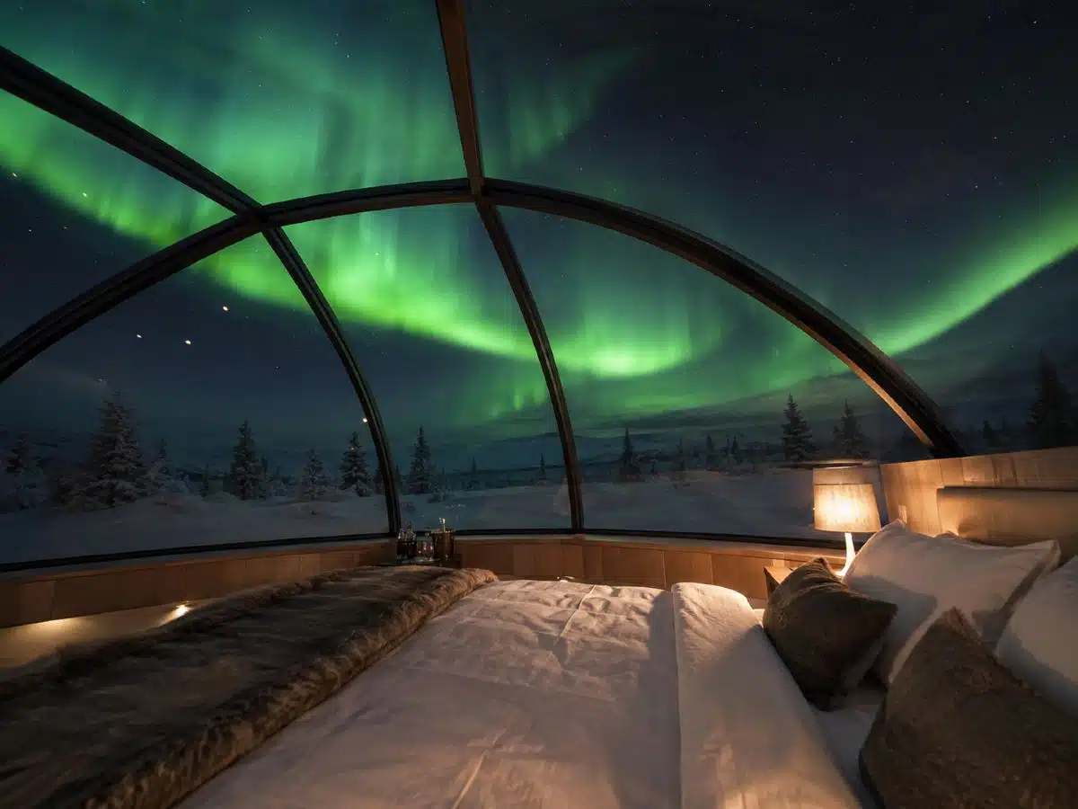 Vue depuis l'intérieur d'un igloo de verre en Laponie finlandaise avec une aurore boréale verte visible à travers le dôme transparent