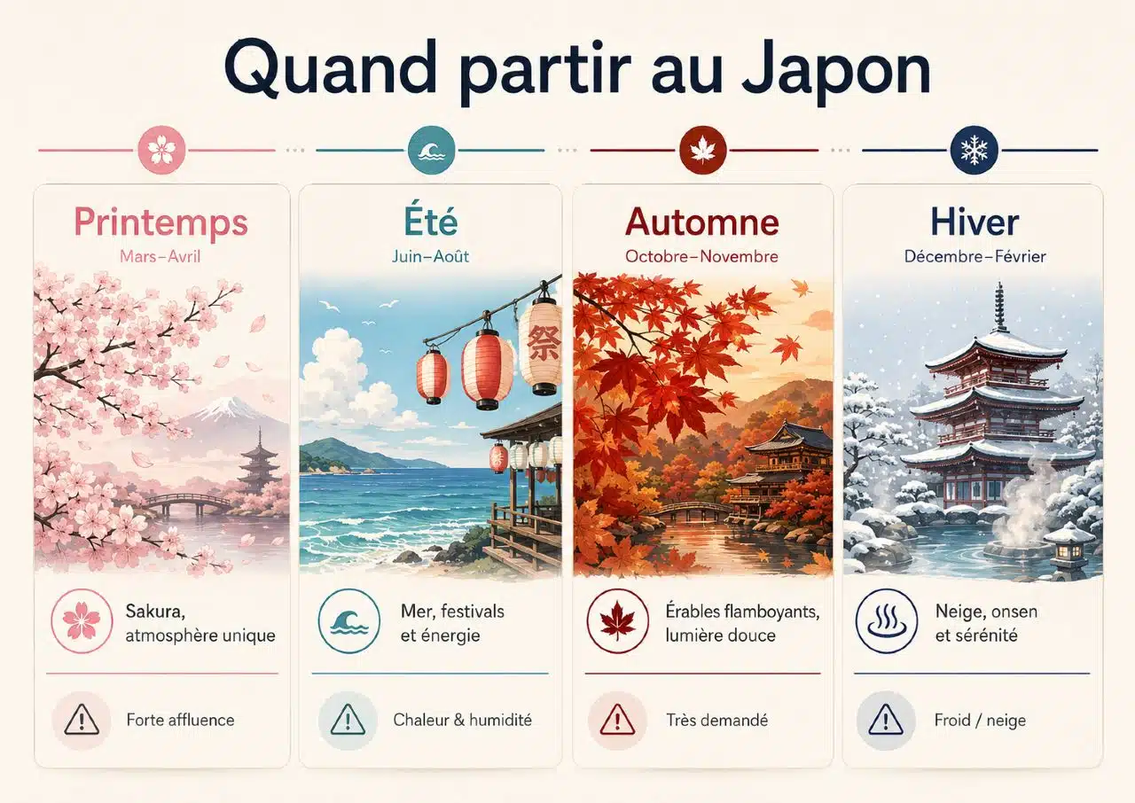 Infographie voyage au Japon : calendrier des quatre saisons de voyage, sakura au printemps, festivals en été, érables en automne, onsen en hiver