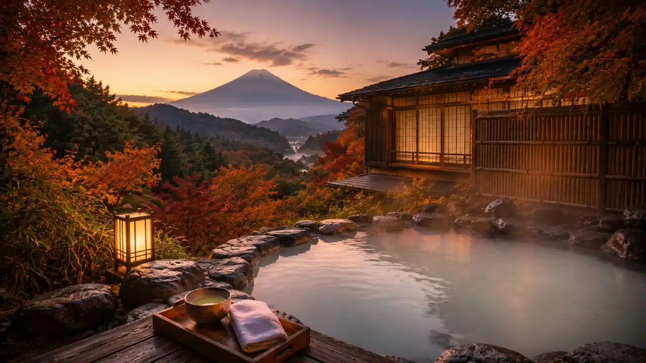 Voyage au Japon en couple : ryokan traditionnel avec onsen extérieur en forêt à Hakone, vue sur le mont Fuji dans la brume
