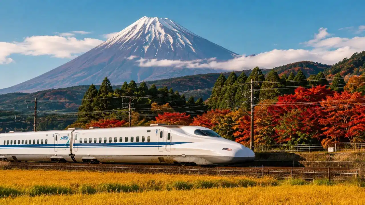 Voyage au Japon : shinkansen bullet train traversant les rizières et forêts d'automne avec le mont Fuji en arrière-plan