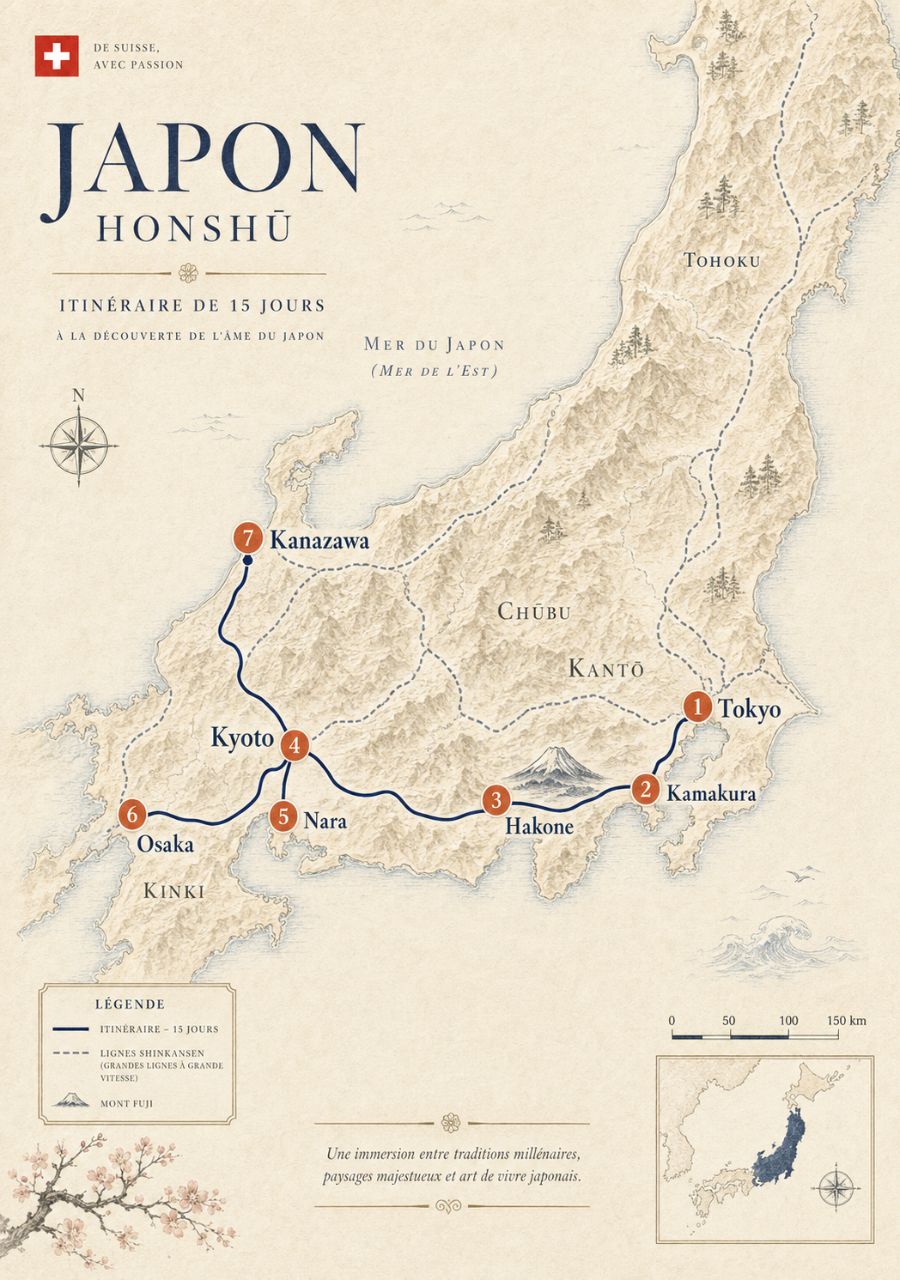 Carte circuit voyage au Japon 15 jours depuis la Suisse : itinéraire Tokyo Kyoto Osaka Kanazawa avec le shinkansen