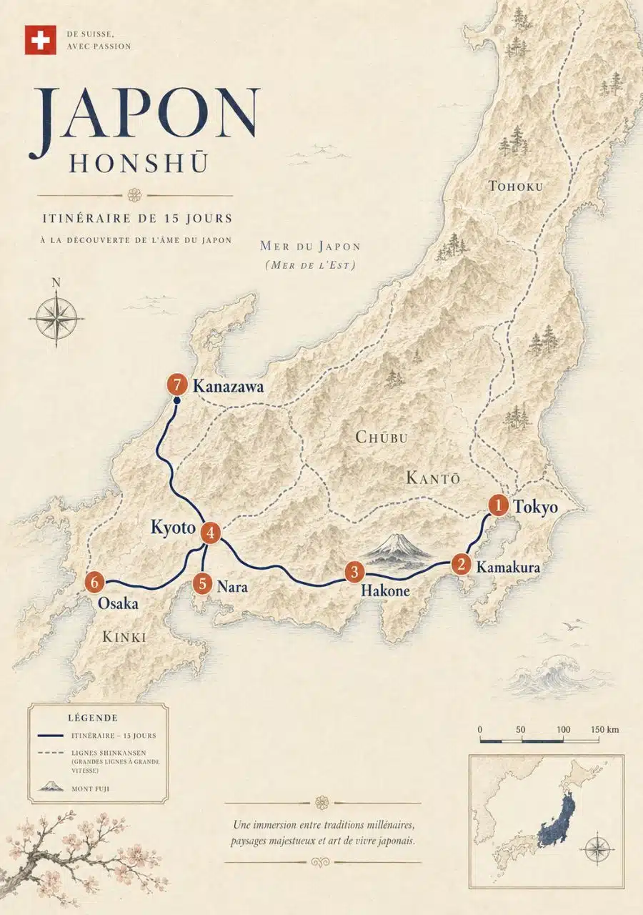 Carte circuit voyage au Japon 15 jours depuis la Suisse : itinéraire Tokyo Kyoto Osaka Kanazawa avec le shinkansen