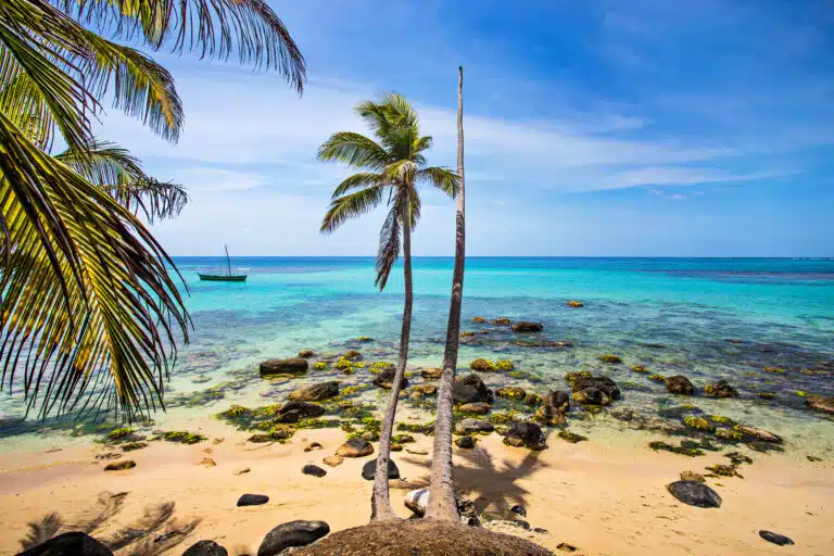 Plage tropicale de San Juan del Sur au Nicaragua avec cocotiers et eaux turquoise