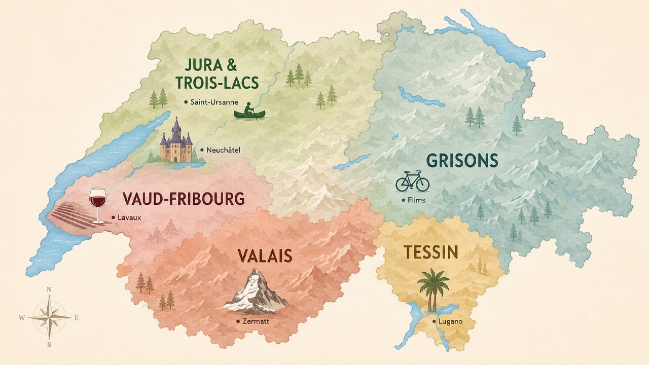 Carte de la Suisse avec les cinq régions à visiter en été et les coups de cœur de Rubis Voyages, de Lugano à Saint-Ursanne