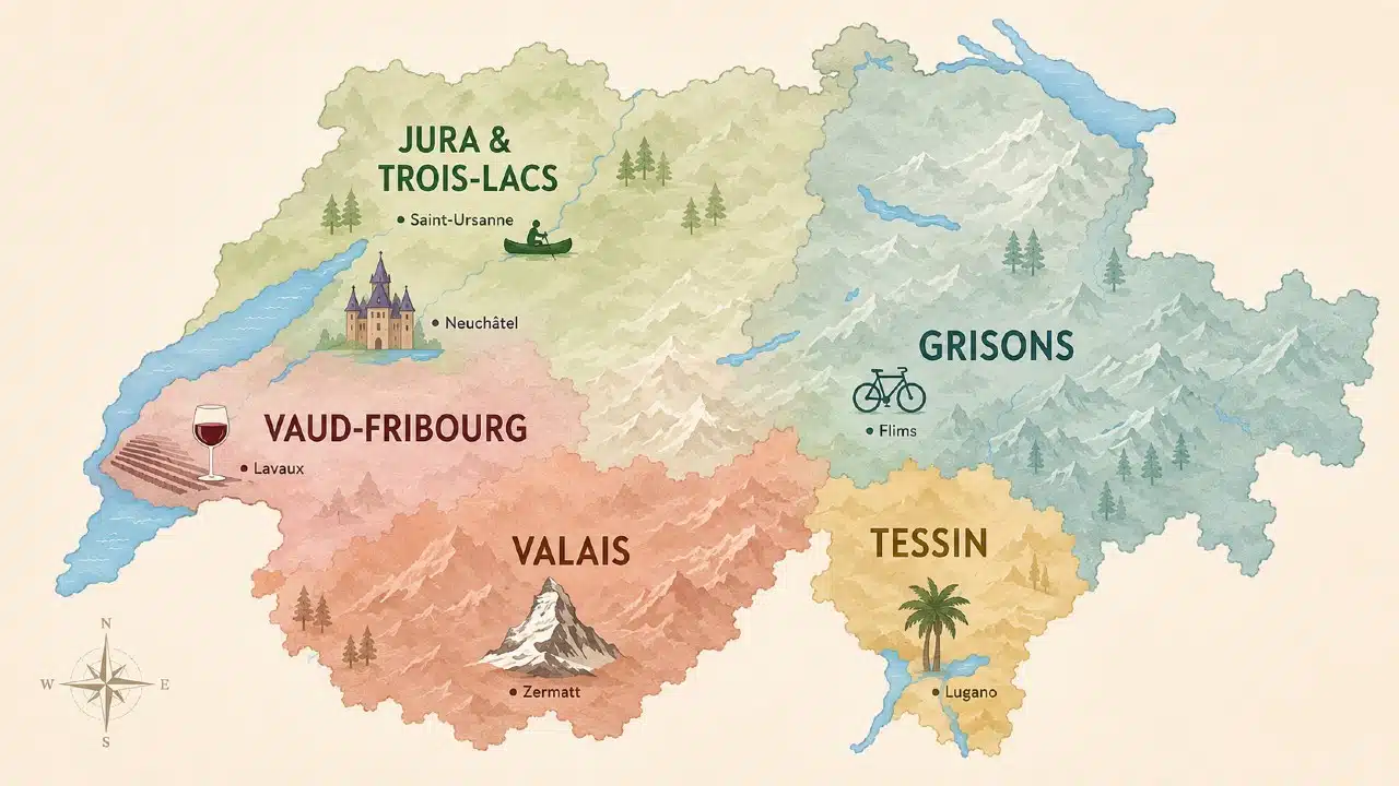 Carte de la Suisse avec les cinq régions à visiter en été et les coups de cœur de Rubis Voyages, de Lugano à Saint-Ursanne